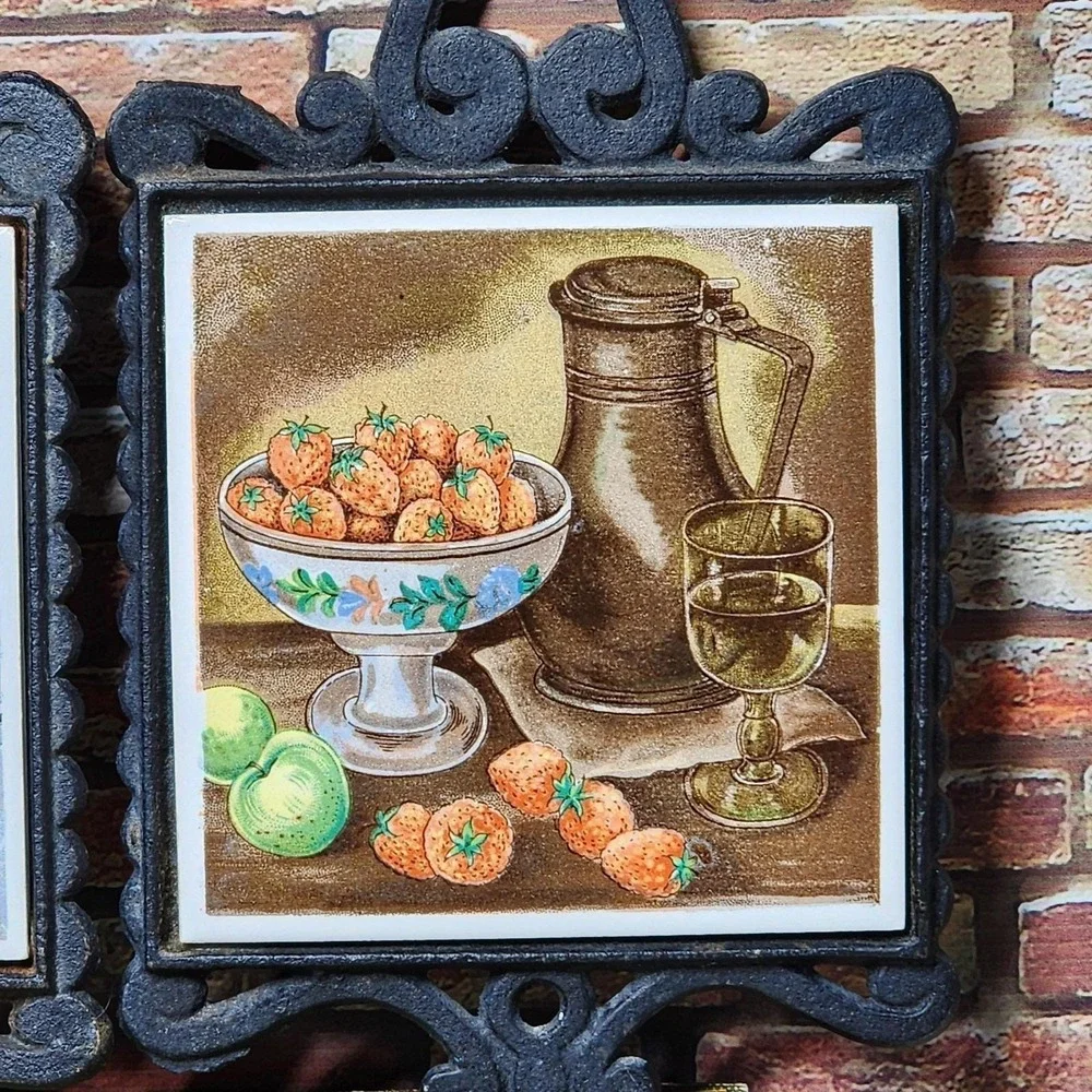 Vintage‎ Enesco Cast Iron Trivets Still Life Wall Plaques Pair Kitchen Japan MCM